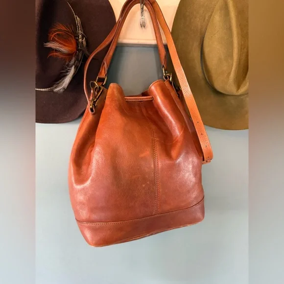 Madewell Lafayette Bucket Bag Brown English Saddle Leather crossbody Tote Purse - Picture 5 of 14